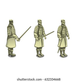 A set of warriors with swords isolated on white background. Vector cartoon close-up illustration.