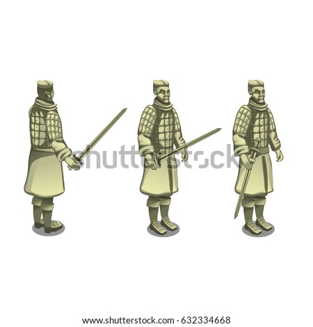 A set of warriors with swords isolated on white background. Vector cartoon close-up illustration.