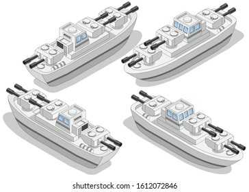 A set of warships. Isometric. Isolated on white background. Vector illustration.