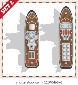 A set of warships. View from above. Isolated on white background. Vector illustration.