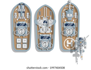 A set of warships. View from above. Isolated on white background. Vector illustration.
