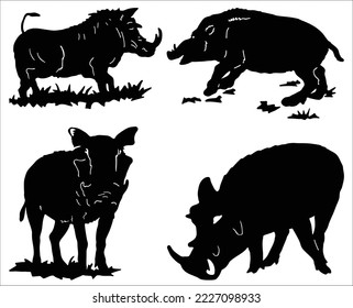 Set of warthog wild pig silhouette vector 