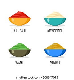 Set Of Wasabi, Mayonnaise, Chili Sauce And Mustard . Label. Vector Illustration