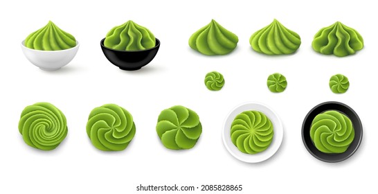 Set of wasabi portions in various shapes, paste in bowls isolated on white background. Top and side view. Realistic vector illustration.