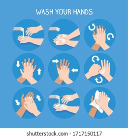 set of wash hands to coronavirus prevention and protection, vector illustration