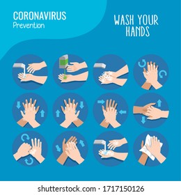 set of wash hands to coronavirus prevention over blue background, vector illustration