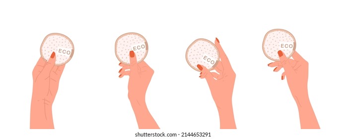 Set of washable cotton pads in female hands. Organic makeup remover wipe. Eco friendly products for skin care. Zero waste concept. Save the planet. Vector illustration in flat cartoon style.