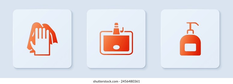 Set Washbasin, Cleaning service and Bottle of liquid soap. White square button. Vector
