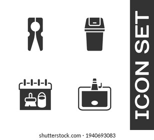 Set Washbasin, Clothes pin, Cleaning calendar and Trash can icon. Vector