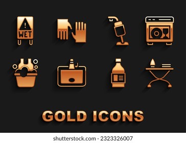 Set Washbasin, Dishwasher machine, Iron and ironing board, Bottle for cleaning agent, Basin with soap suds, Vacuum cleaner, Wet floor and Rubber gloves icon. Vector