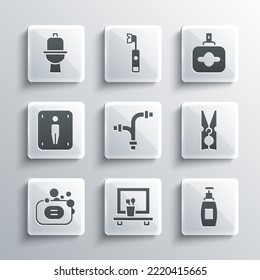 Set Washbasin mirror, Bottle of liquid soap, Clothes pin, Industry metallic pipe, Bar, Male toilet, Toilet bowl and Perfume icon. Vector