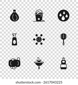 Set Washbasin, Toilet brush, Dishwashing liquid bottle, Bacteria, Water drop, Garbage bag, Bucket with foam and bubbles and Cleaning spray detergent icon. Vector