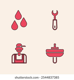 Conjunto Lavabo, gota de agua, llave inglesa e icono de fontanero. Vector