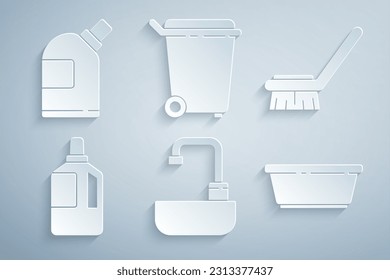 Colocar lavabo con grifo de agua, Cepillado para limpieza, suavizador de tela, plástico, lata de basura e icono del agente de botellas. Vector