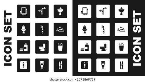 Set Washbasin with water tap, Electric toothbrush, Toilet bowl, boiler, iron, Industry metallic pipe, Bucket soap suds and Bottle of shampoo icon. Vector