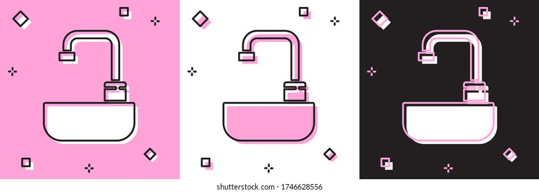 Set Washbasin with water tap icon isolated on pink and white, black background. Vector Illustration