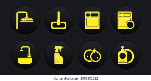 Set Washbasin with water tap, Kitchen dishwasher machine, Spray bottle detergent liquid, Washing dishes, Mop, Dishwashing and plate and Shower head icon. Vector