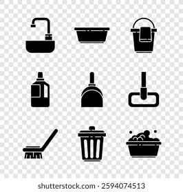 Set Washbasin with water tap, Plastic, Bucket rag, Brush for cleaning, Trash can, soap suds, Fabric softener and Dustpan icon. Vector