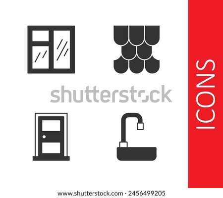 Set Washbasin, Window room, Closed door and Roof tile icon. Vector