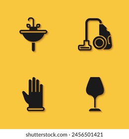 Set Washbasin, Wine glass, Rubber gloves and Vacuum cleaner icon with long shadow. Vector