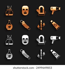 Set Washcloth, Hair dryer, Cream or lotion cosmetic tube, Bamboo, Essential oil bottle, Sauna mitten, Aroma diffuser and Facial mask icon. Vector