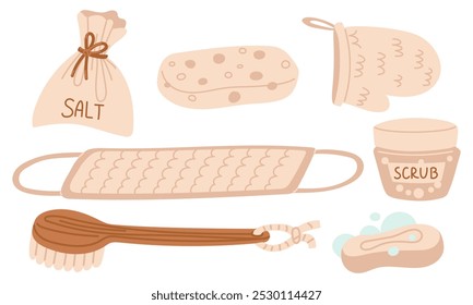 Um conjunto de toalha com alças, madeira, luva, esfoliação, sal, esponja. Produto de higiene pessoal. Ilustração plana vetorial, realçada sobre um fundo branco, para publicidade, catálogo de loja, decorativo