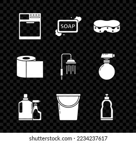 Set Washer, Bar of soap with foam, Sponge, Plastic bottles for liquid dishwashing liquid, Bucket, Toilet paper roll and Shower head water drops flowing icon. Vector