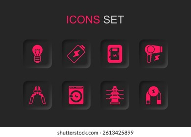 Set Washer, Battery charge, Creative lamp light idea, Electric tower line, Hair dryer, Magnet, Electrical panel and Pliers tool icon. Vector
