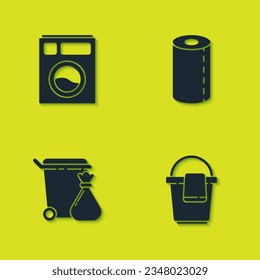 Set Washer, Bucket with rag, Trash can and garbage bag and Paper towel roll icon. Vector
