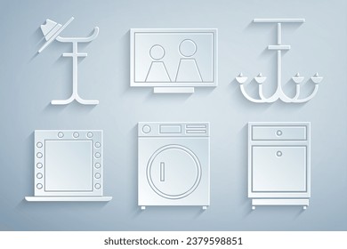 Set Washer, Chandelier, Makeup mirror with lights, Furniture nightstand, Picture frame on table and Coat icon. Vector