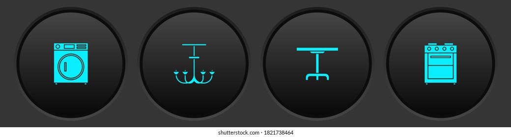 Set Washer, Chandelier, Round table and Oven icon. Vector.