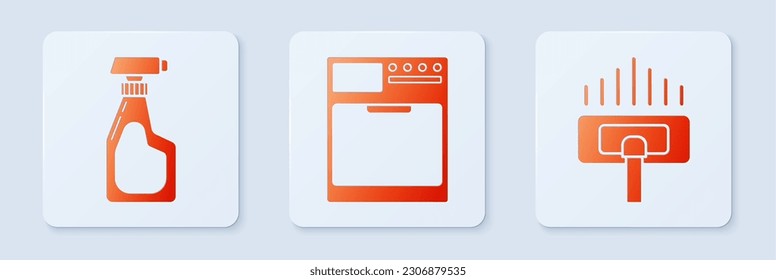 Set Washer , Cleaning spray bottle with detergent liquid  and Vacuum cleaner. White square button. Vector