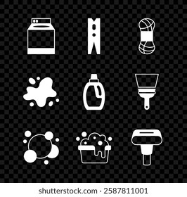 Set Washer, Clothes pin, Yarn, Soap water bubbles, Basin with soap suds, Garment steamer, Water spill and Bottle for cleaning agent icon. Vector