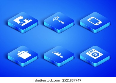 Set Washer, Coffee machine, Knife, Cooking pot, Hammer and Mobile phone icon. Vector