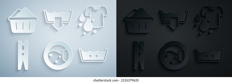 Lavadora, camiseta sucia, alfiler de ropa, lavado de temperatura, lavado de lavado y cuenca con icono de suds de jabón. Vector