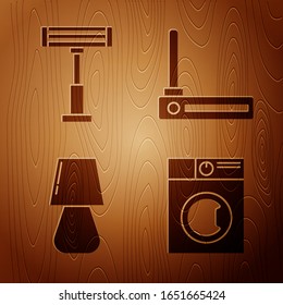 Fije la señal Washer , Calefactor eléctrico , Luz de mesa y Router y señal wi-fi en fondo de madera. Vector