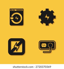 Set Lavadora, Toma de corriente, Sin rayos y Engranaje e icono con sombra larga. Vector