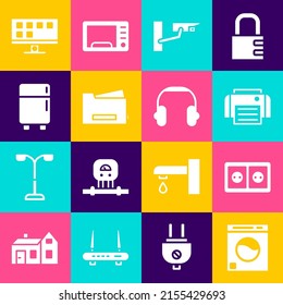 Set Washer, Electrical Outlet, Printer, Security Camera, Refrigerator, Smart Tv And Headphones Icon. Vector