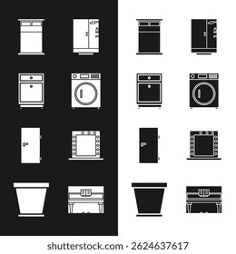 Set Washer, Furniture nightstand, Big bed, Shower cabin, Closed door, Makeup mirror with lights, Grand piano and Flower pot icon. Vector