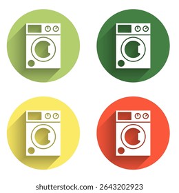 Set Washer icon isolated with long shadow background. Washing machine icon. Clothes washer - laundry machine. Home appliance symbol. Color circle button. Vector