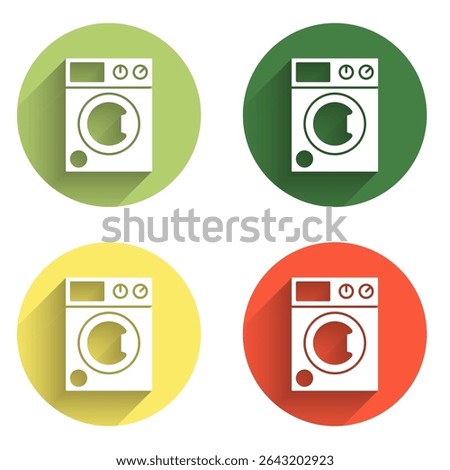 Set Washer icon isolated with long shadow background. Washing machine icon. Clothes washer - laundry machine. Home appliance symbol. Color circle button. Vector