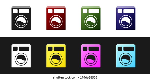 Set Washer icon isolated on black and white background. Washing machine icon. Clothes washer - laundry machine. Home appliance symbol. Vector Illustration