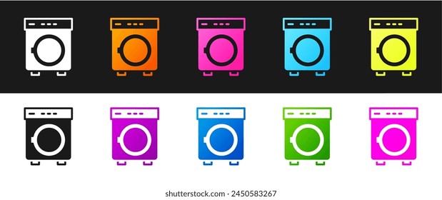 Establecer el icono de la lavadora aislado sobre fondo blanco y negro. Icono de lavadora. Lavadora de ropa - lavadora. Símbolo de electrodoméstico.  Vector