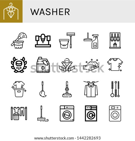 Set of washer icons such as Laundry, Cleaning, Machine, Mop, Window cleaner, Hockey, Cleaner, Ice hockey, Washing, Cleaning brush, Washing machine , washer
