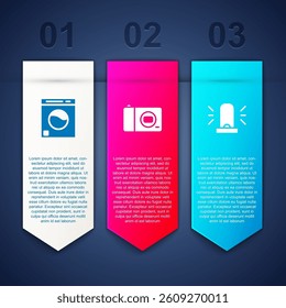 Set Washer, Photo camera and Flasher siren. Business infographic template. Vector