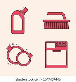 Arandela, Botellas de plástico para líquido lavavajillas líquido, Pincel para limpieza y Icono de Lavado. Vector