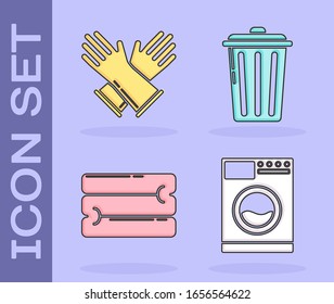 Set Washer , Rubber gloves , Towel stack  and Trash can  icon. Vector