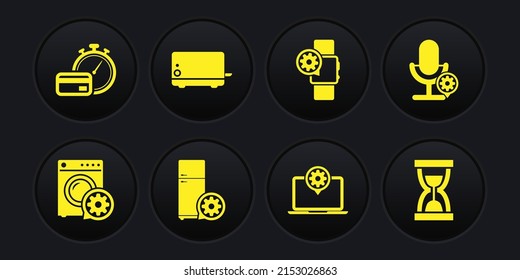 Ajuste el ajuste del lavaparabrisas, el micrófono, el refrigerador, el portátil, el reloj inteligente y el icono de la tostadora. Vector