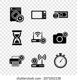 Set Washer setting, Microwave oven, Fast payments, Printer, Router and wi-fi and Stopwatch icon. Vector
