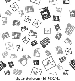 Set Washer , Squeegee, scraper, wiper, Trash can and garbage bag  and Plastic bottles for liquid dishwashing liquid on seamless pattern. Vector